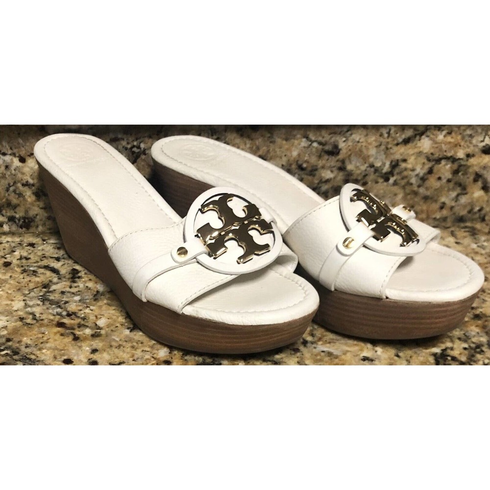 Women's Tory Burch Patti Wedge Slide Sandal Cream/Ivory with Gold Emblem Sz 9.5